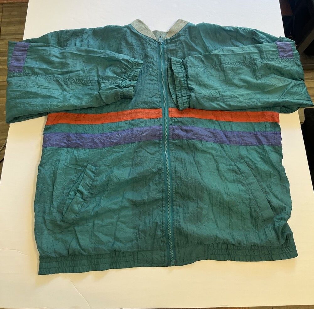 Creative Edge Men's Colorblock Zip Jacket Green Orange Purple Nylon M 90s VNTG